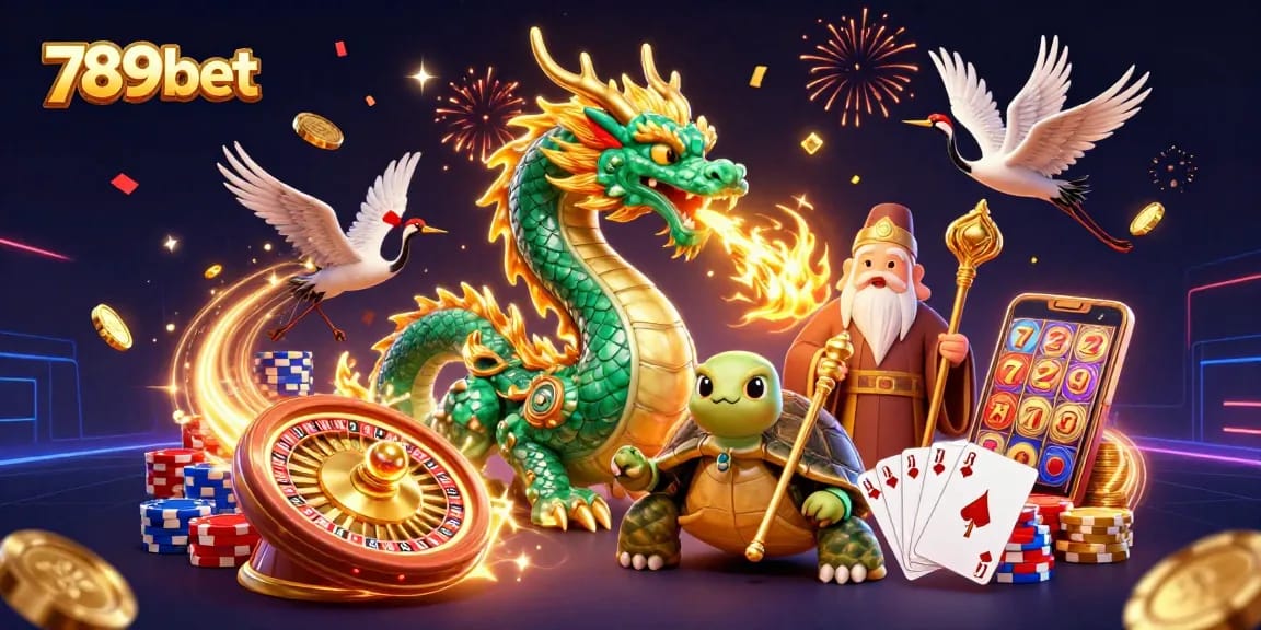 Experience thrilling games at 789bet, featuring an emerald dragon, a wise turtle, and lucky cranes.