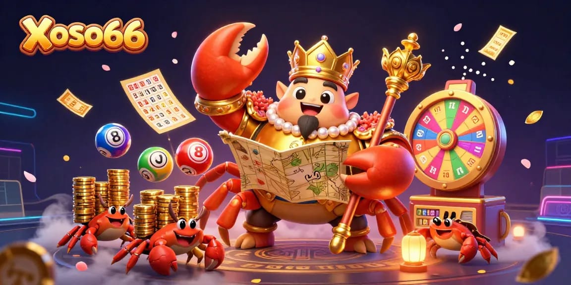 Xoso66 offers an exciting lottery experience with vibrant colorful balls and a golden crab emperor leading the adventure.