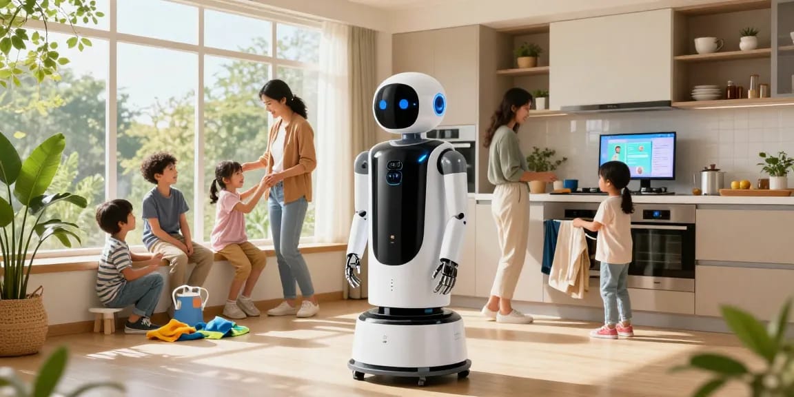 Home robot assisting family with chores in a bright, modern kitchen.