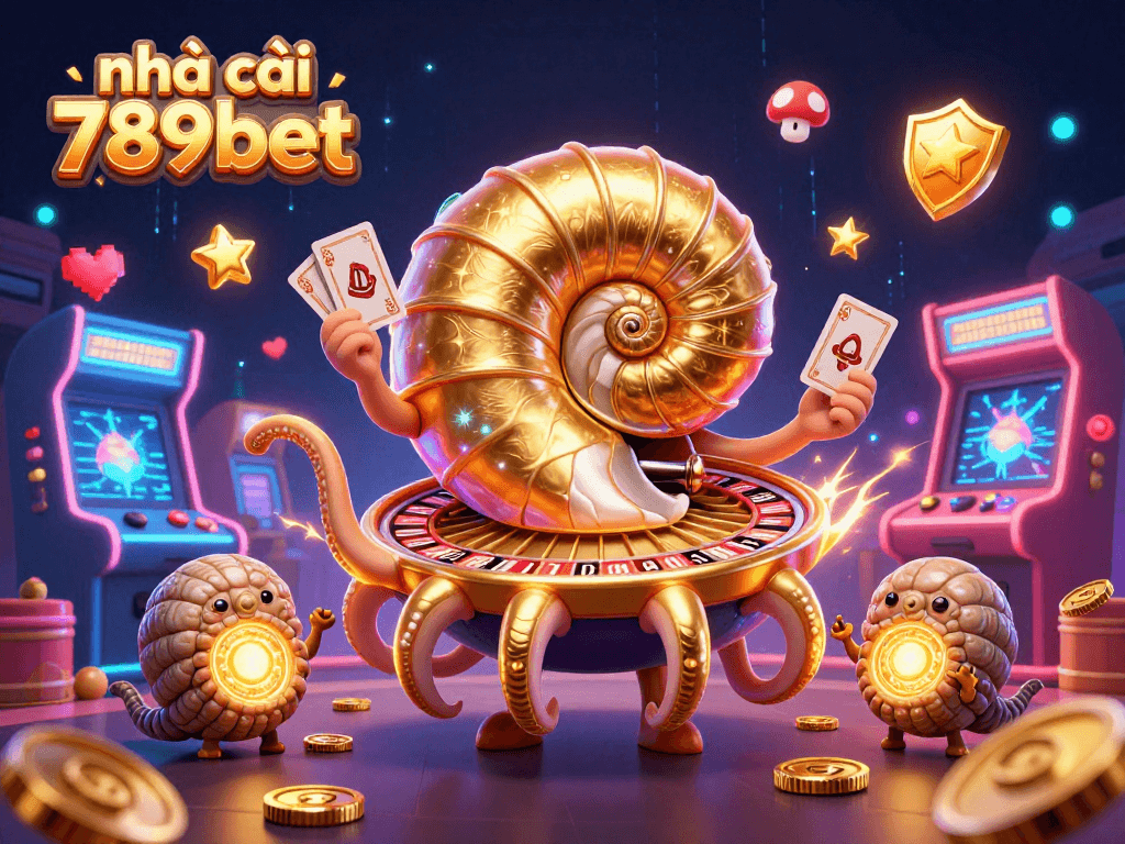 Engage with nhà cái 789bet, featuring a giant nautilus roulette wheel and glowing game machines.