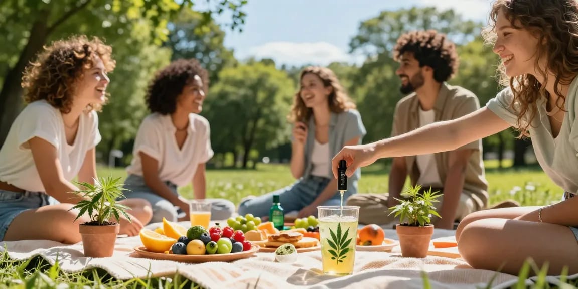 THC vapes UK showcased in a natural outdoor picnic setting with friends, emphasizing a healthy lifestyle and quality hemp products.