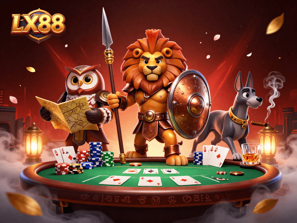Experience the thrill of LX88 poker with vibrant characters amidst a dynamic casino scene.
