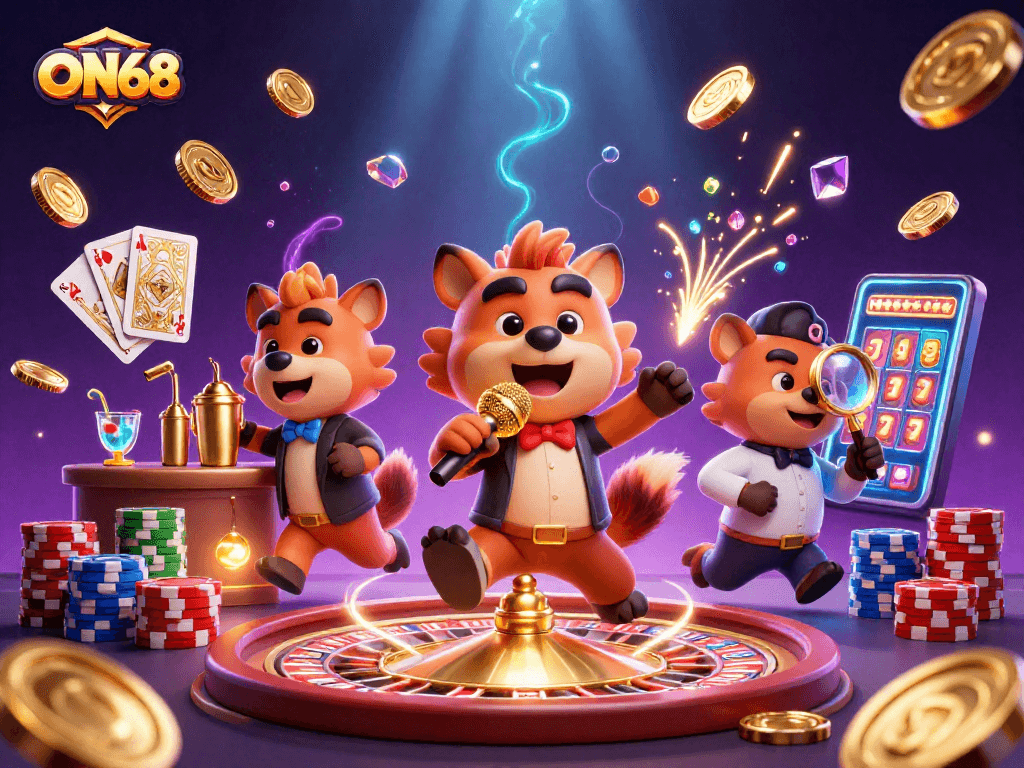 Experience ON68's exciting comedy casino with hyena characters enjoying drinks and fun activities.