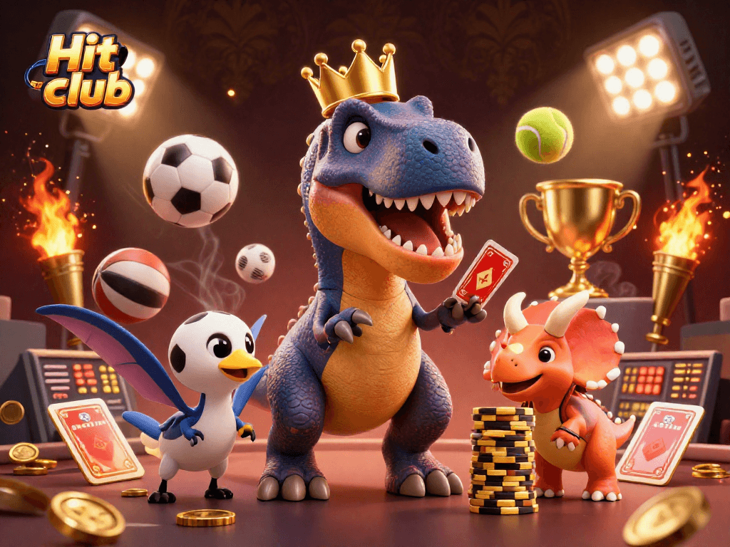 Hit club showcases excitement with a T-Rex shuffling cards in a vibrant casino scene.