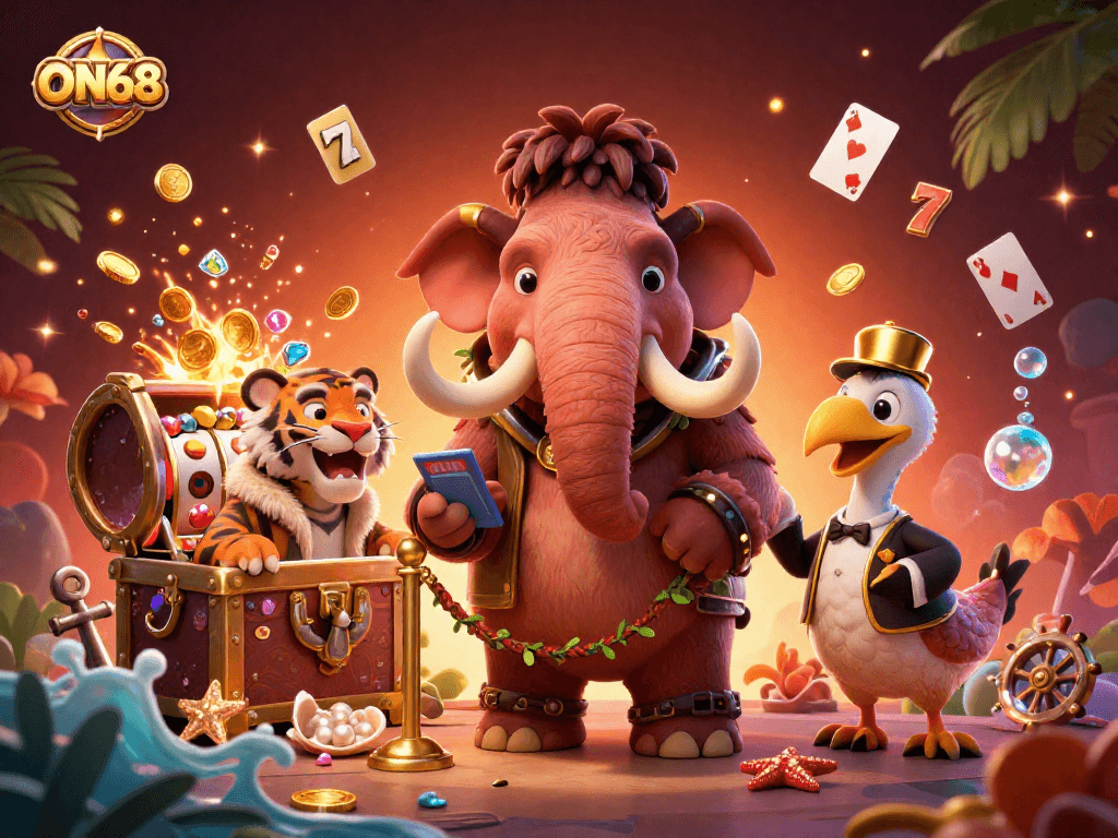 ON68 bouncer checks IDs at a vibrant casino scene with gold coins and lively characters.