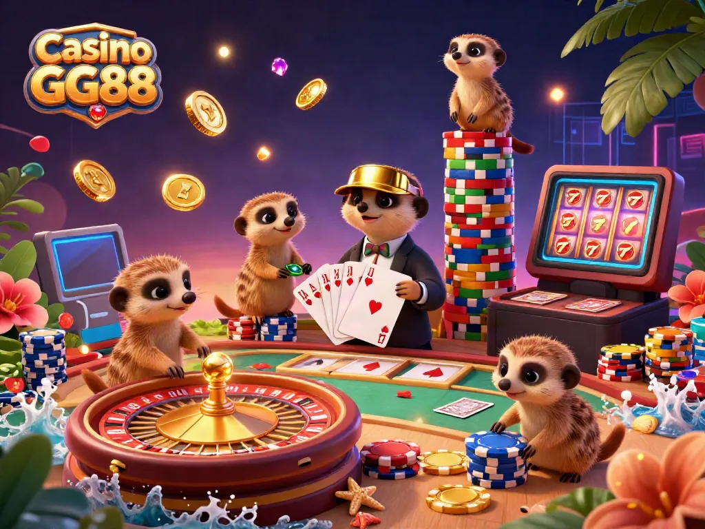 Experience the excitement of Casino GG88 with a lively meerkat casino scene featuring dealers, chips, and gold coins.