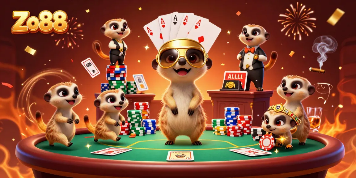 Experience Zo88's vibrant casino atmosphere with meerkats in a dynamic gaming scene.