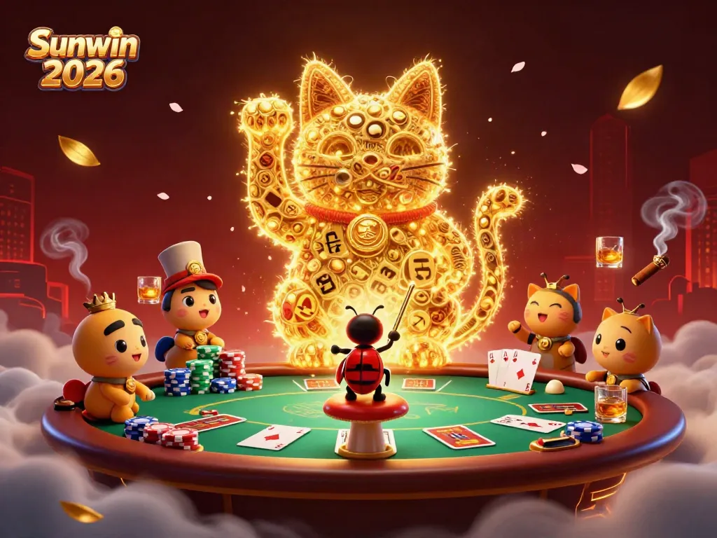 Experience Sunwin 2026's vibrant casino atmosphere with a lucky cat, fireflies, and poker elements.