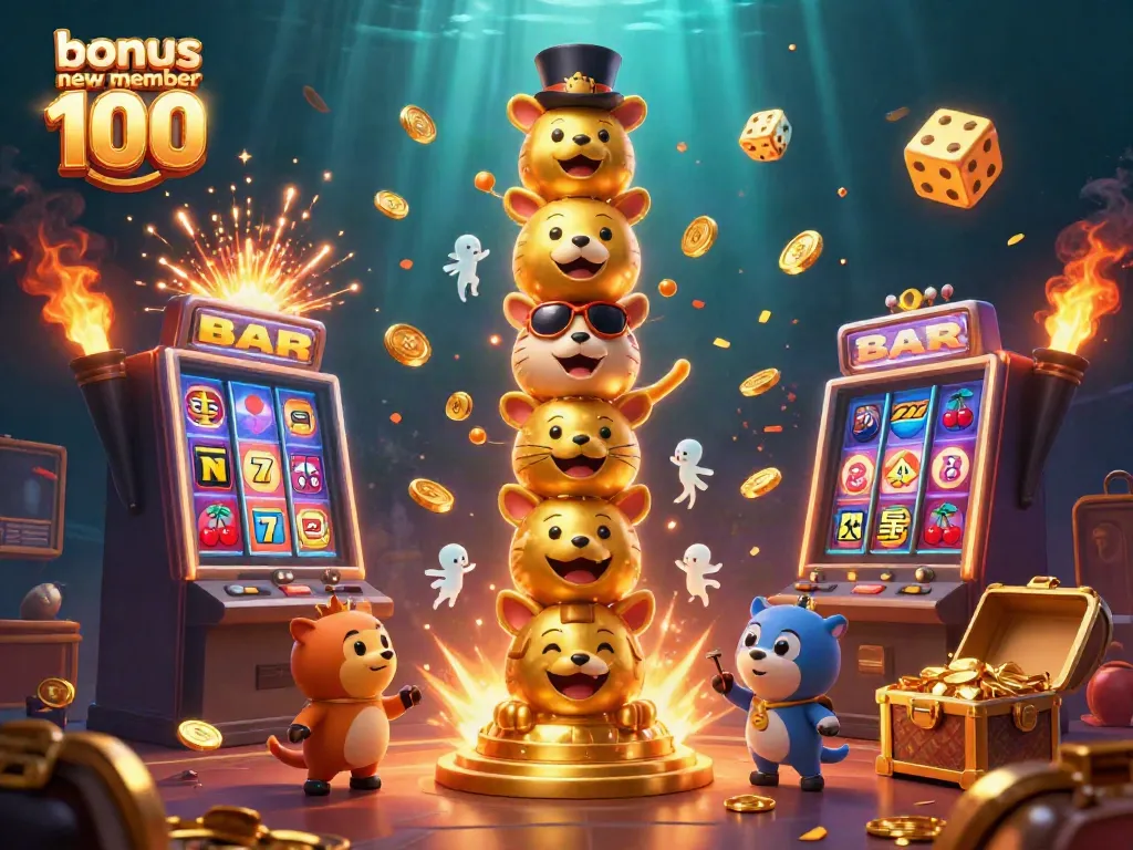 Experience thrilling gameplay with bonus new member 100 surrounded by vibrant slot machines and gold treasures.