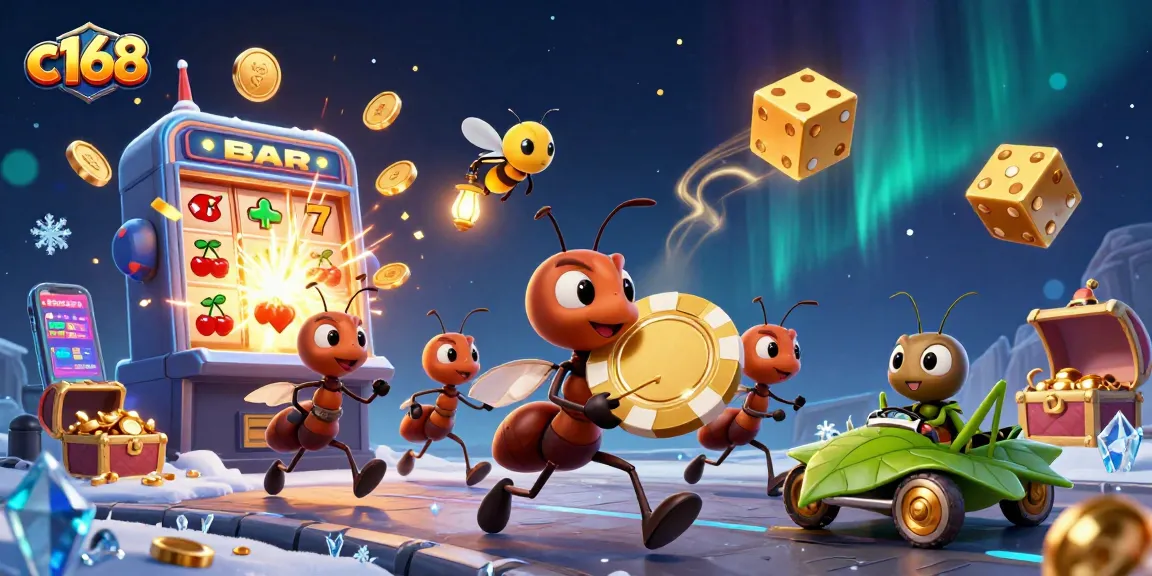 Engage in a thrilling heist with c168 as ants transport a giant poker chip amidst dynamic casino elements.