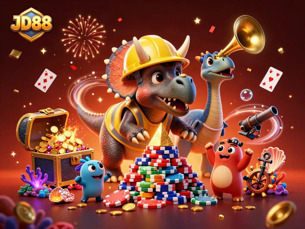 Experience thrilling wins at JD88 with vibrant casino action featuring poker chips and playful dinosaurs.