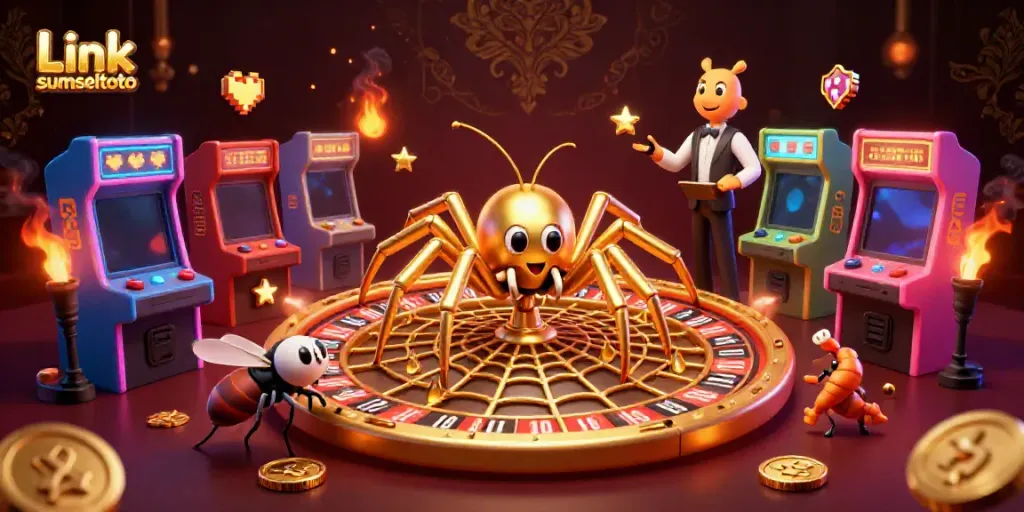 Engage with Link sumseltoto at a vibrant casino scene featuring a golden spider and croupier.