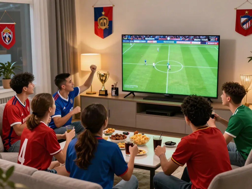 Football fans enjoying a Gavangtv match in a lively home setting, showcasing excitement and camaraderie.