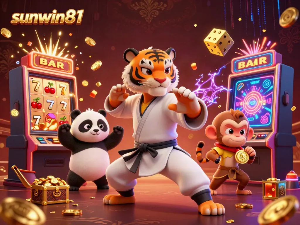 Engage with sunwin81 as cartoon characters celebrate with gold amidst a thrilling casino backdrop.