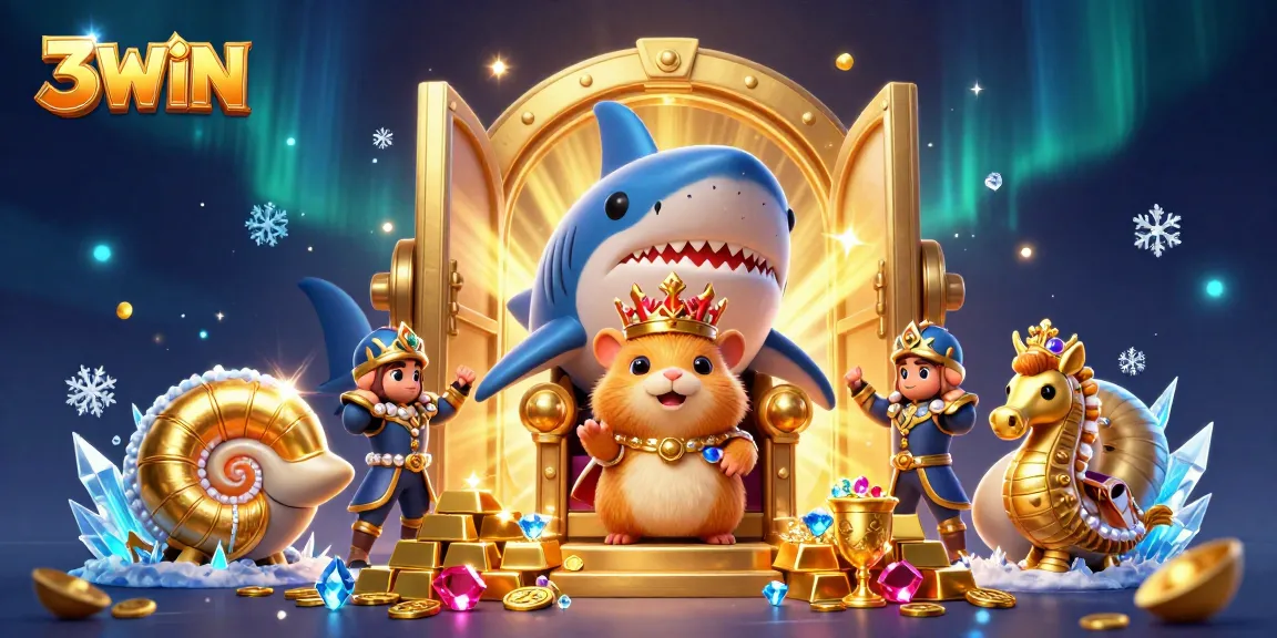 3WIN captivating illustration showcasing a golden hamster king on a megalodon throne with treasure and royal seahorses.