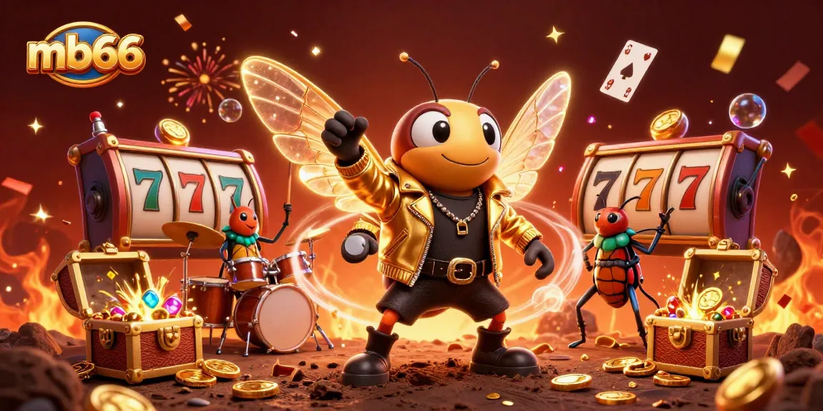 Engage with mb66's vibrant casino world featuring a lively cicada rock star and glowing slot machines.
