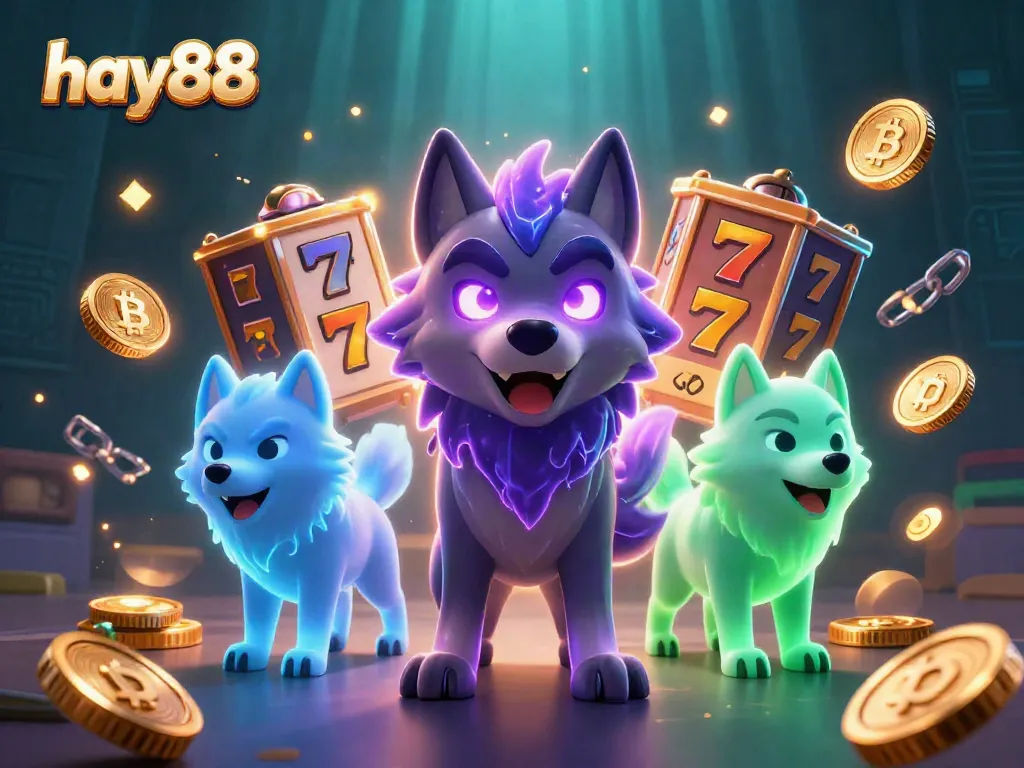 Experience the excitement of hay88 with a dynamic 3D illustration featuring slot games and crypto elements.