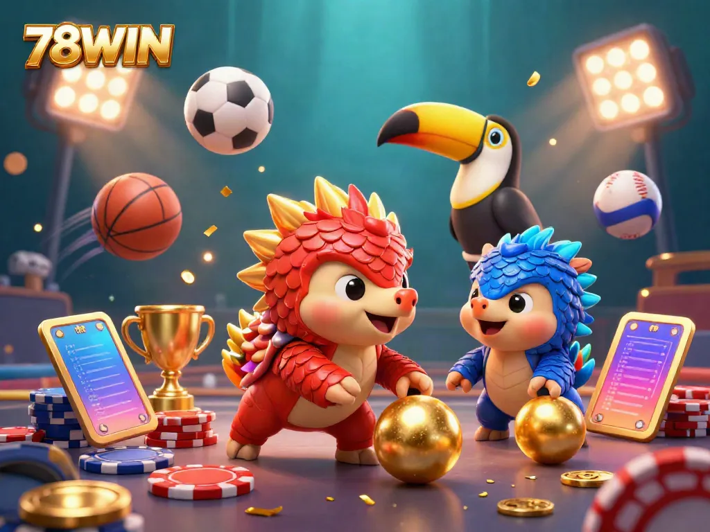 Engaging 78WIN illustration with animated pangolins playing amidst golden poker chips and sports elements.