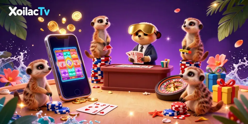 XoilacTv showcases a lively meerkat casino scene with dynamic slot games, reflecting excitement and casino energy.