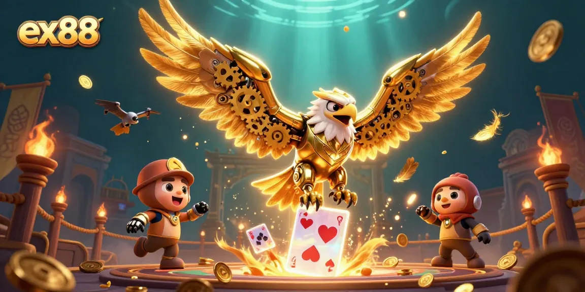 Experience the thrill of gaming with ex88, featuring a dynamic 3D eagle amidst vibrant casino elements.