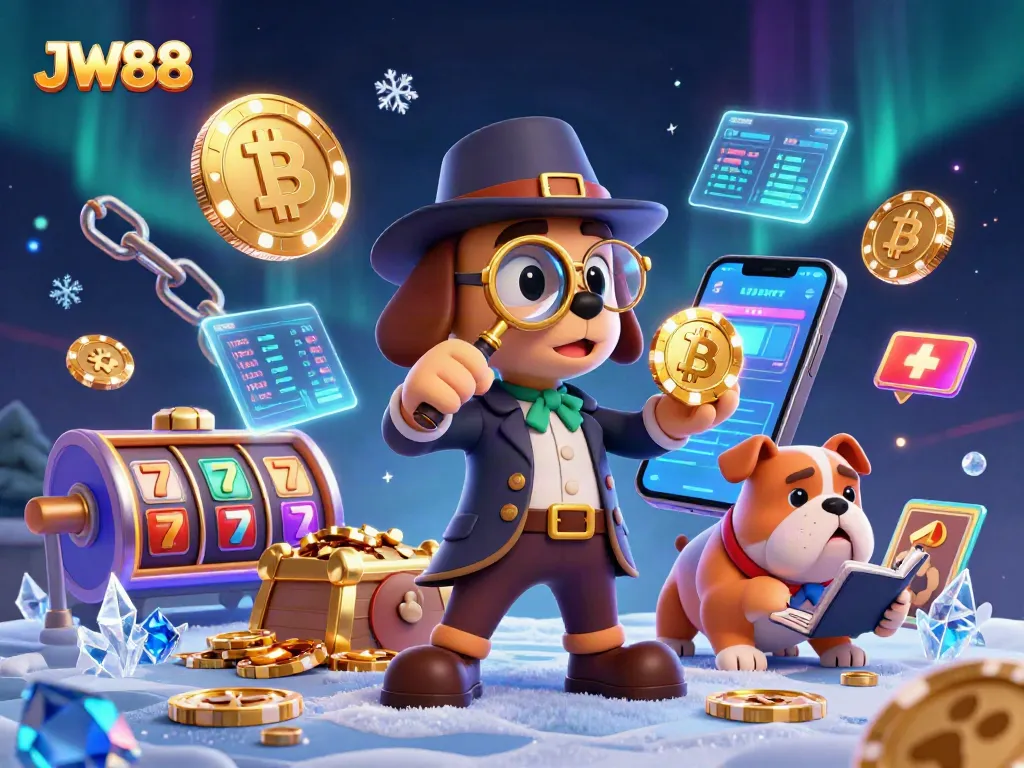 Experience JW88's lively casino scene with characters exploring golden poker chip clues among stars.