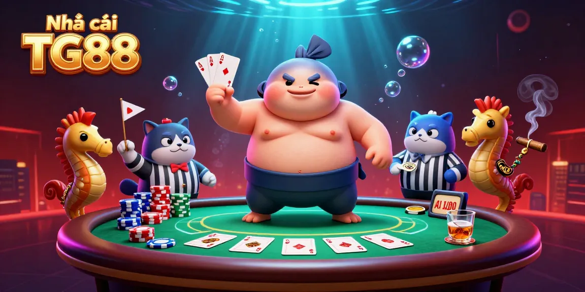 Experience the excitement at Nhà cái TG88 with a dynamic underwater casino scene featuring a blowfish, catfish referee, and poker elements.