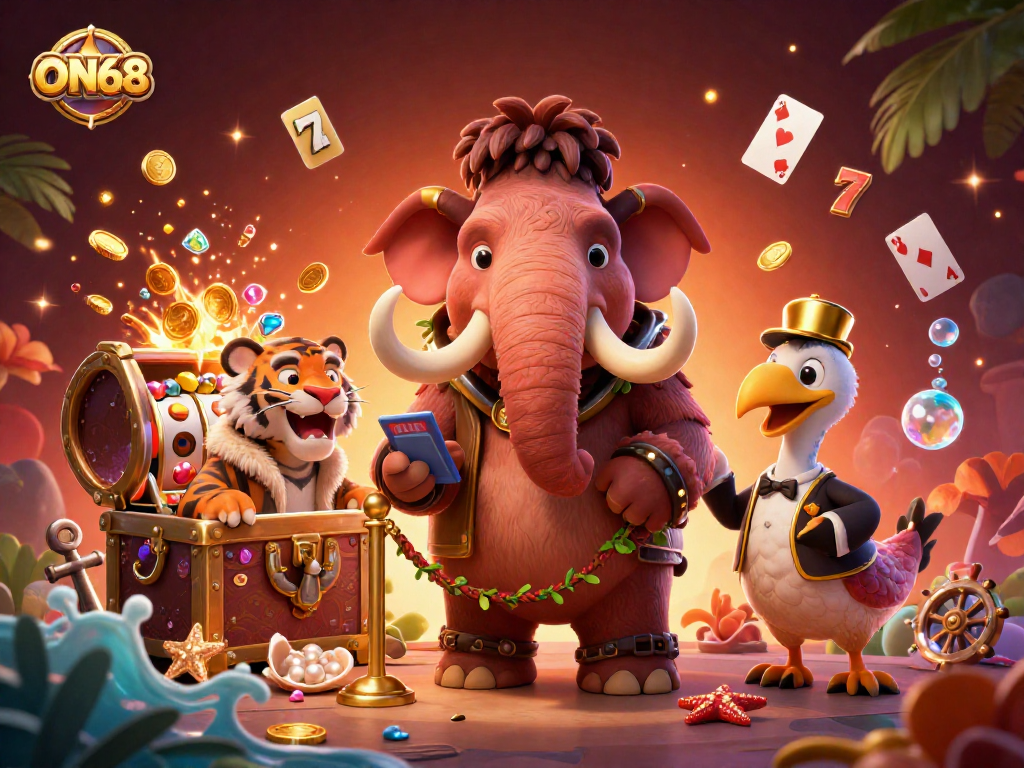 ON68 bouncer checks IDs at a vibrant casino scene with gold coins and lively characters.