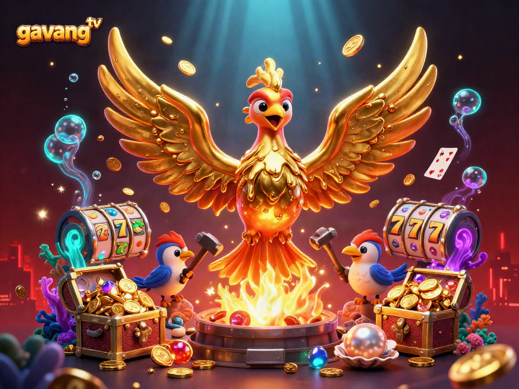 Experience engaging gaming moments with gavang tv's vibrant casino scene featuring a golden phoenix and rich treasures.