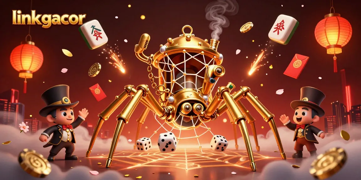 Experience the excitement of link gacor with a steampunk spider weaving golden webs and capturing dice in a vibrant casino setting.