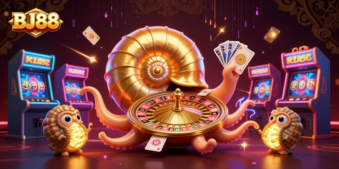 Experience the thrill of BJ88 casino gaming with a dynamic 3D illustration featuring a nautilus roulette wheel surrounded by vibrant slot machines.