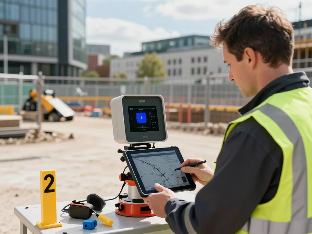 Technician conducting a GPR Survey London with advanced equipment at a construction site, ensuring precise underground mapping.