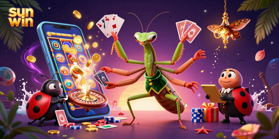 Experience sun win casino thrills as a mantis deals cards while coins erupt from a smartphone.