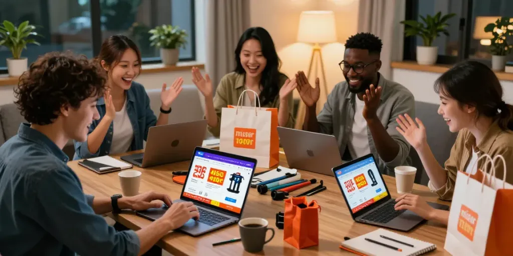 Shopping excitement with mister worker discount code displayed on screens, showcasing tools and workwear.