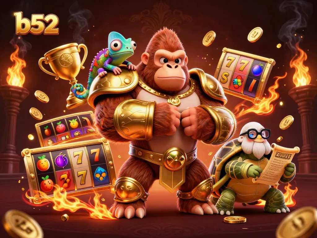 Engage in thrilling B52 games with a powerful gorilla king, vibrant slot reels, and rich gaming elements.