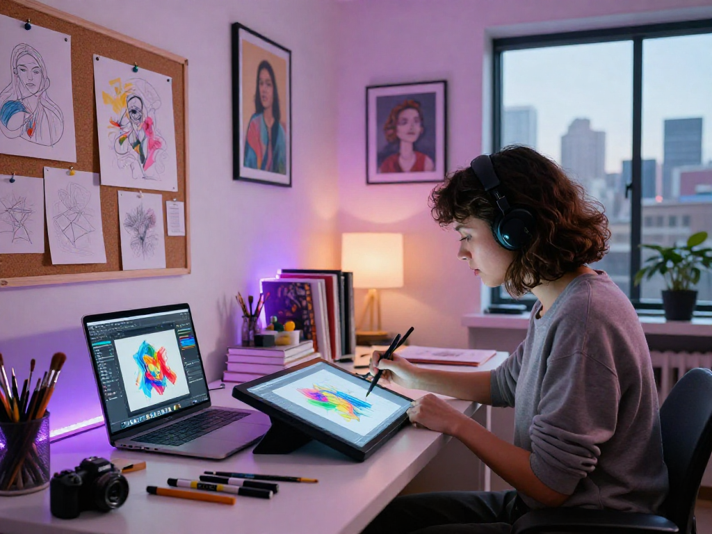 Artist creating innovative nsfw ai art in a vibrant digital studio