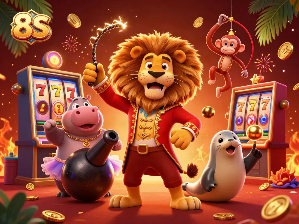 Engaging 8S casino illustration featuring vibrant circus characters surrounded by slot elements.