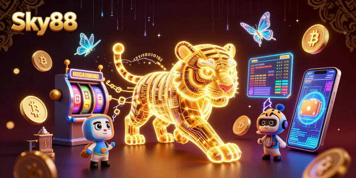 Sky88 showcases a vibrant digital casino scene with a neon-wireframe tiger and holographic butterflies.