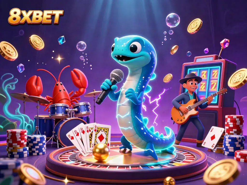 Experience a vibrant underwater casino scene with the lively electric eel DJ and coral band at 8XBET.