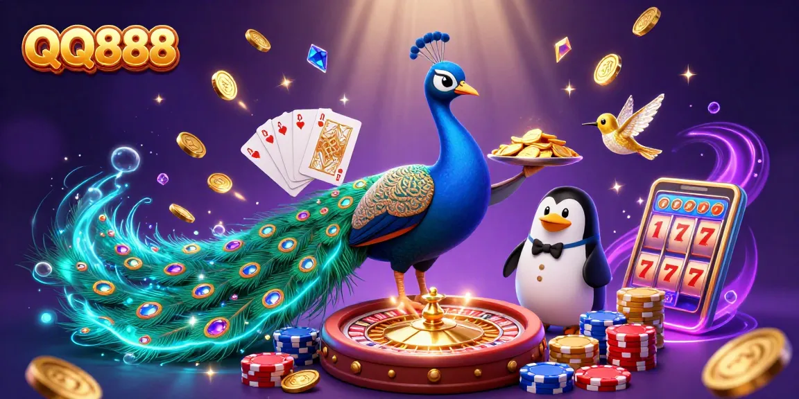 Experience QQ888's thrilling gaming world with vibrant characters and casino elements galore.