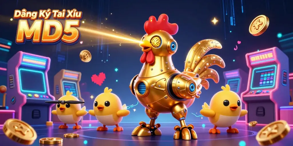 Engage with Đăng Ký Tài Xỉu MD5 in a vibrant casino scene showcasing a golden rooster robot and arcade elements.