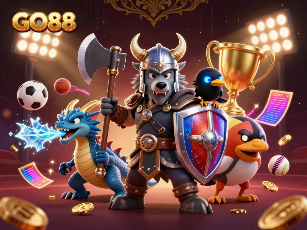 Experience dynamic gameplay at GO88 featuring a Viking wolf warrior and a dragon in a vibrant casino setting.