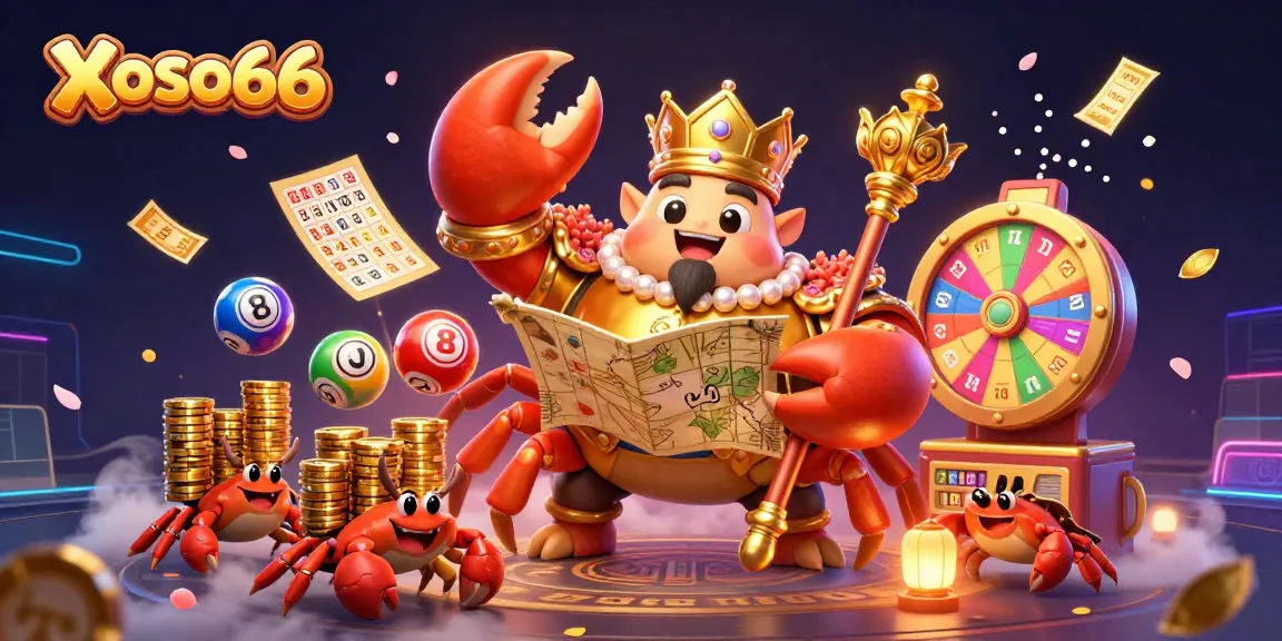 Xoso66 offers an exciting lottery experience with vibrant colorful balls and a golden crab emperor leading the adventure.