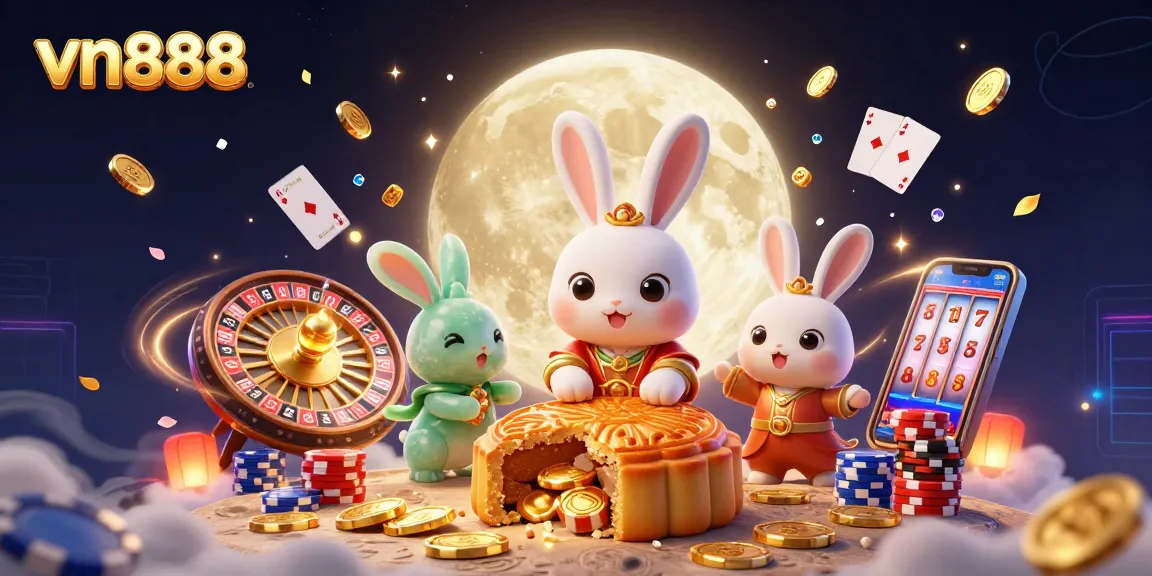 Experience the excitement of vn888 as the moon rabbit reveals hidden poker chips in a vibrant casino-themed illustration.