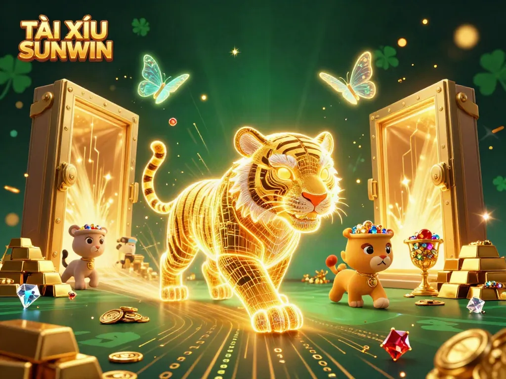 Experience the excitement of TÀI XỈU SUNWIN in this vibrant, dynamic casino scene with golden treasures and illuminated characters.