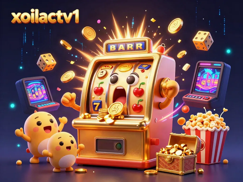 Xoilactv1's golden slot machine triumphs with coins flying, embodying winning casino excitement.