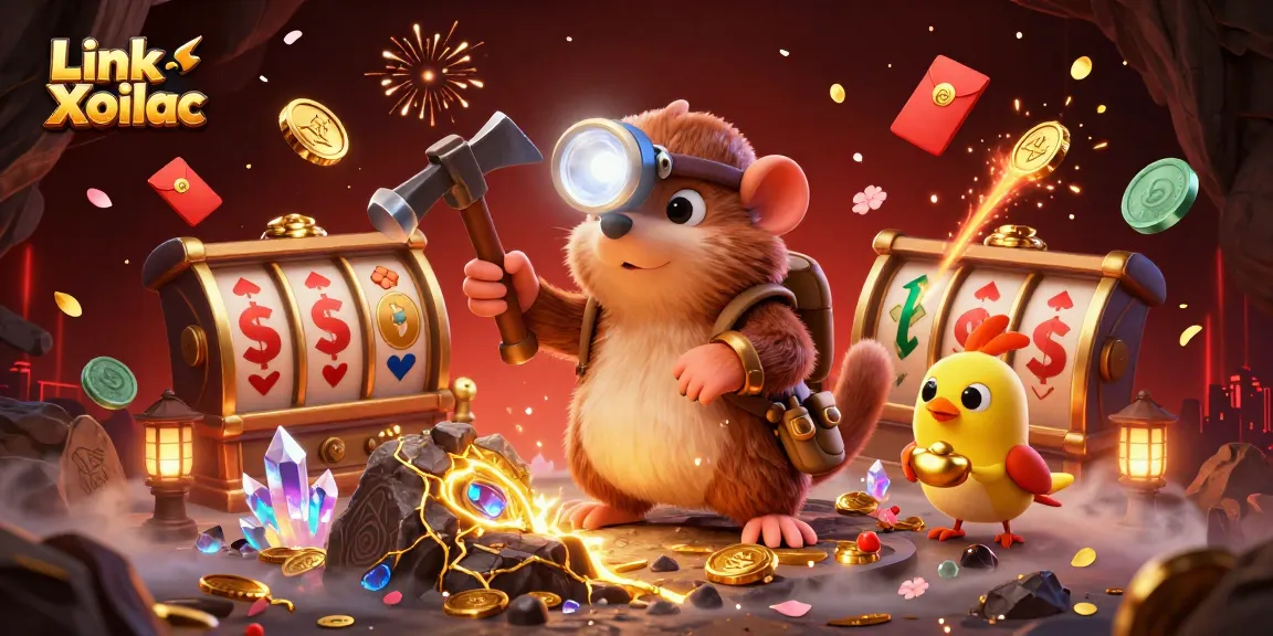 Experience thrilling gaming action with Link Xoilac's vibrant casino scene depicting a treasure hunter and his canary.