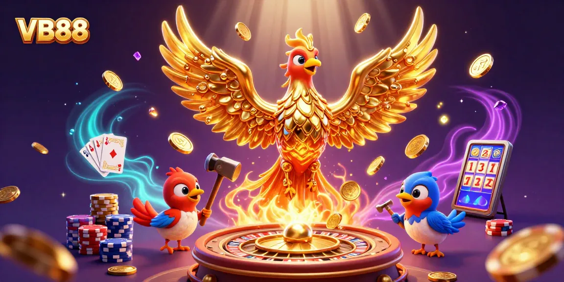 Experience exciting gameplay with the VB88 golden phoenix illustration showcasing casino elements.