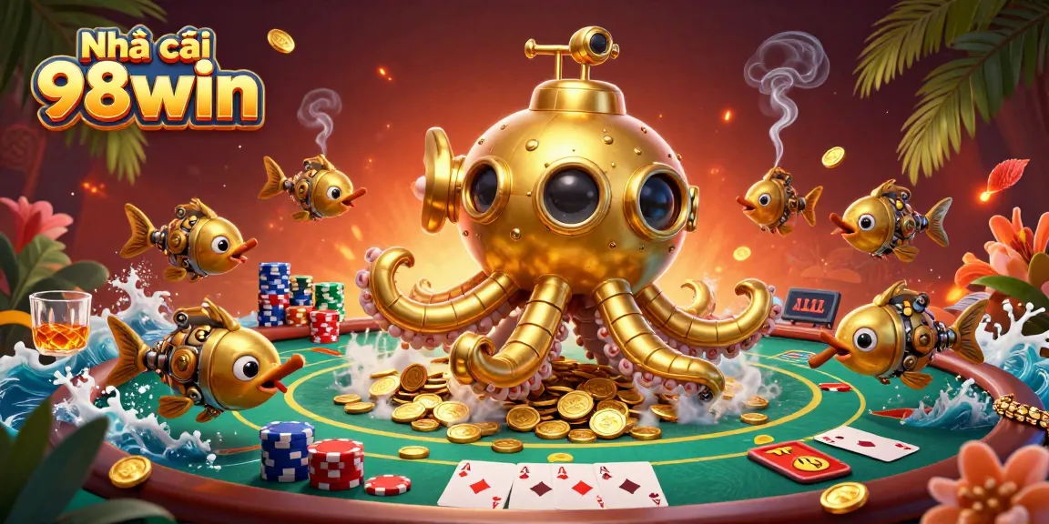 Engage with Nhà cái 98win through a vibrant underwater casino world featuring a golden kraken and dynamic poker elements.