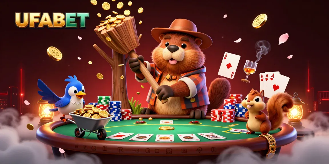 Experience the excitement of UFABET, where a beaver chases golden coins amid a poker scene.