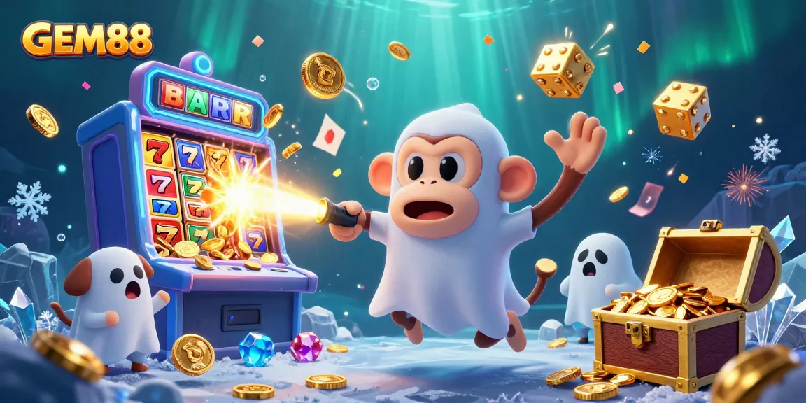 Experience GEM88's vibrant casino adventure as a magical monkey juggles golden coins amidst a thrilling jackpot.